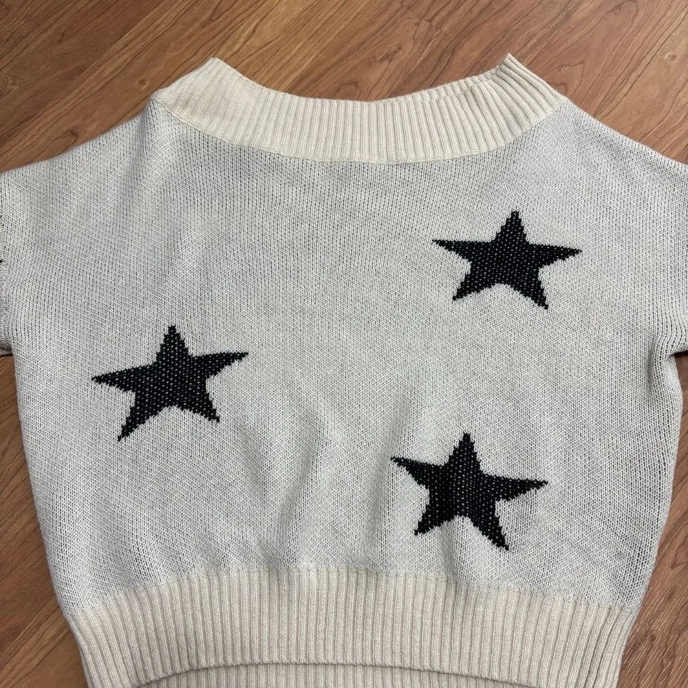 Star Sweater Cream Black‎ Boat Neck Chunky Knit Celestial Casual Cozy XL/2XL